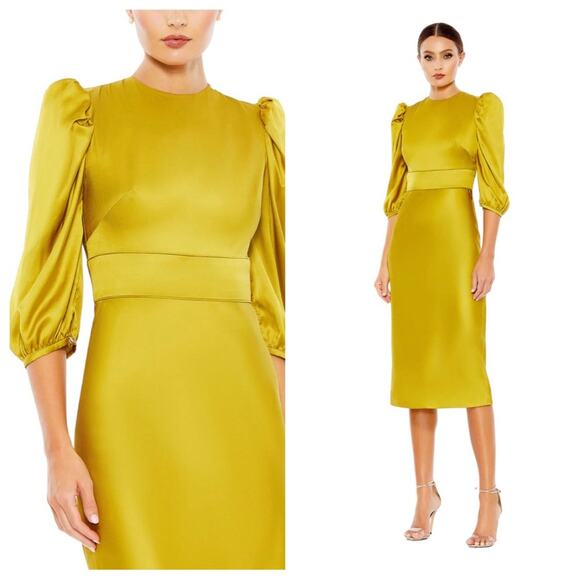 NWT IEENA for MAC DUGGAL Chartreuse Satin High Neck 3/4 Sleeve Midi Dress Womens - Picture 1 of 12